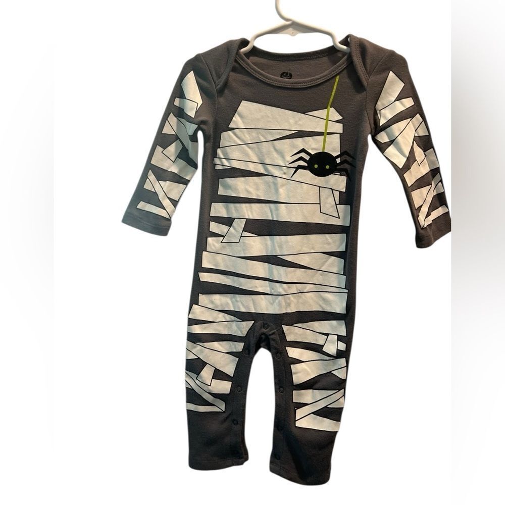 Baby Mummy Halloween Romper Bodysuit – Long Sleeve One-Piece w/ Spider Print 6-9